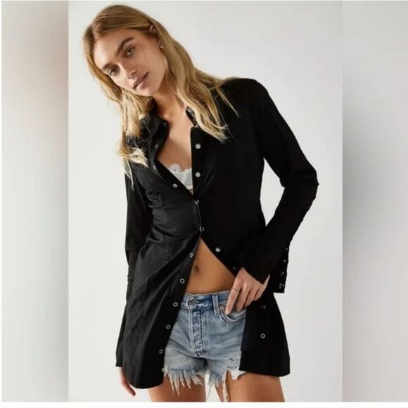 Free People Thea Button Front Mini Dress Black Long Sleeve Shirt Womens Medium - Picture 1 of 15